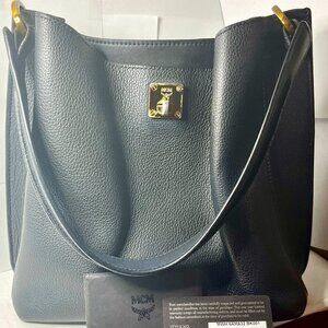 MCM Milla Black Large Leather Hobo Bag Gilded Turnlock Top Handle